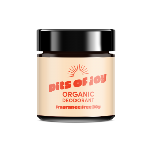 A 30g jar of Pits of Joy deodorant paste, in fragrance free